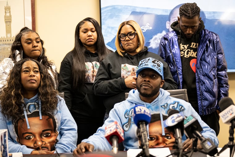 The parents of Eric Harrison, Dawn Fobbs and Eric Coates, speak to the media on Jan 9, 2024, during a news conference announcing a lawsuit against Macy's.