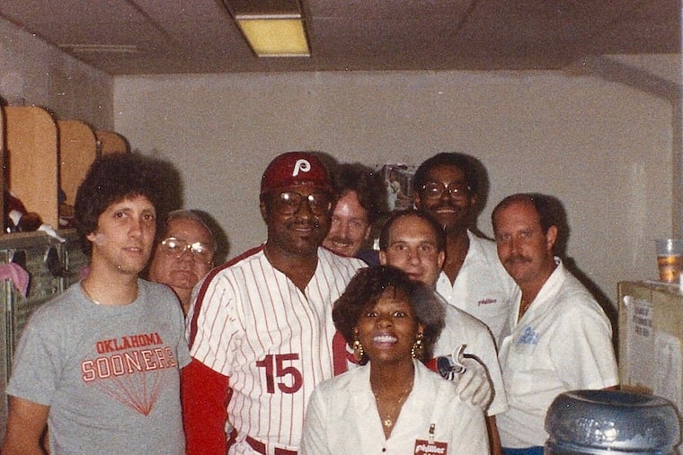 A 45-year-old Dick Allen, center, returned to Philadelphia in 1987 for a home run contest at Veterans Stadium. His daughter, Terri, is in the front.