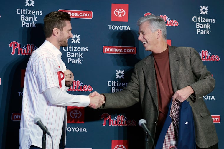 Dave Dombrowski, right, landed free agent Trea Turner in December of 2022 on an 11-year, $300 million deal.